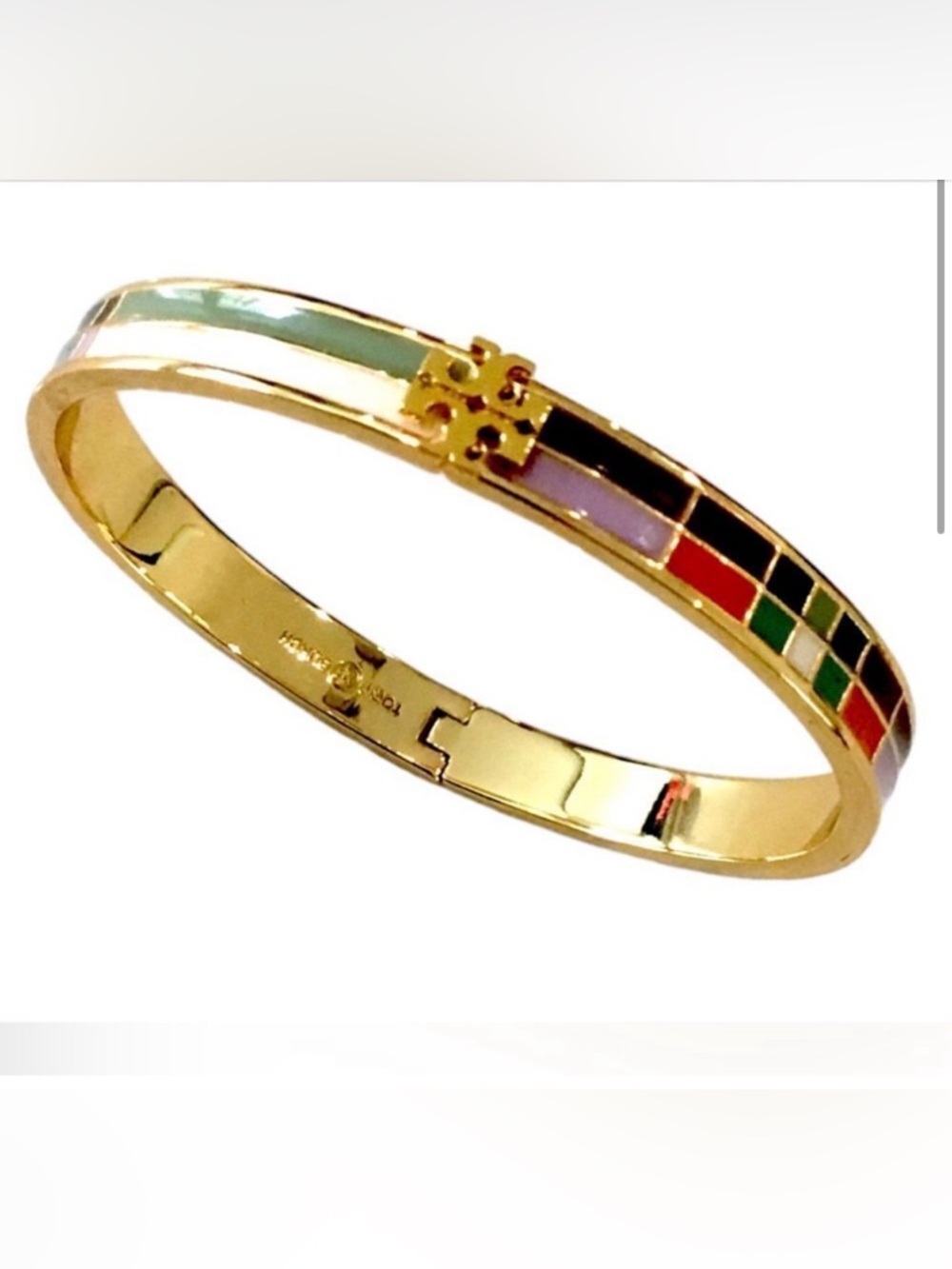 New Tory Burch Kira Ground-off  Enamel Hinge Bracelet in Tory Gold